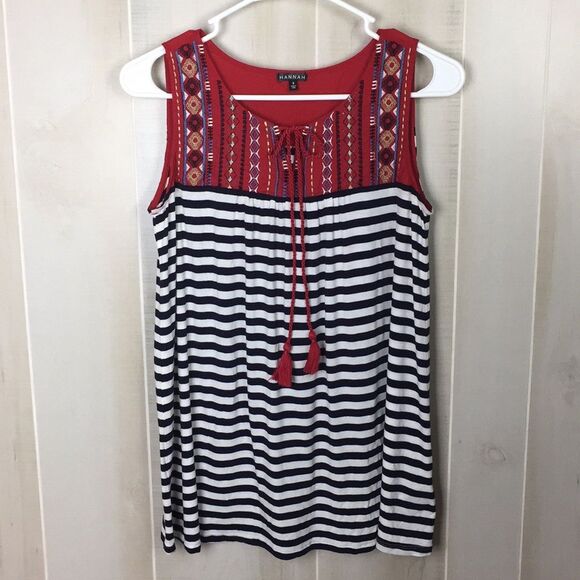 Hannah Tops - Hannah Womens Striped Embroidered Tank Top Size Small